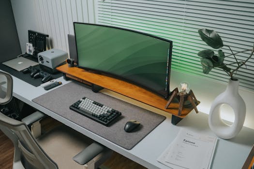 home office setup with plants and soft lighting