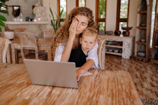 tired working mother with coffee