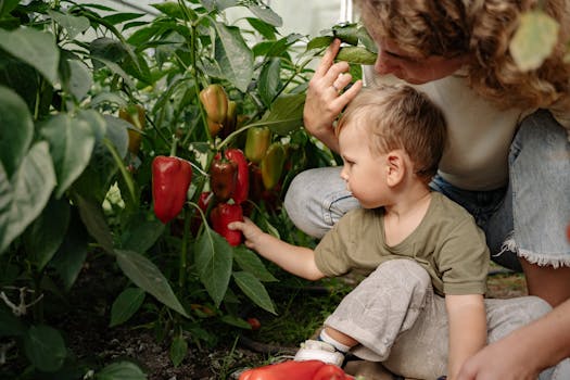 a mother and child gardening together