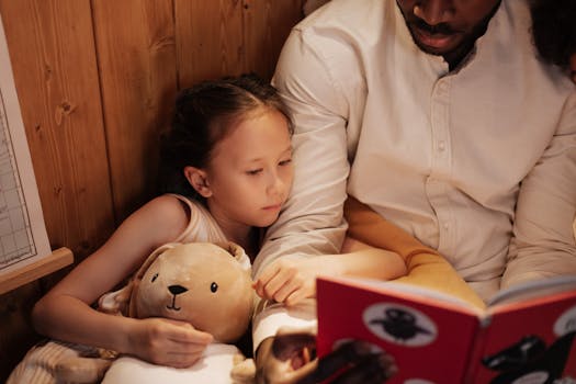 A tired parent reading a bedtime story